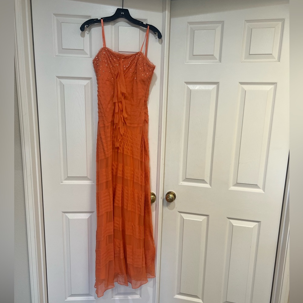 - BCBGMAXAZRIA's Orange Color Ruffles sleeves Maxi formal‎ Night Prom dress…